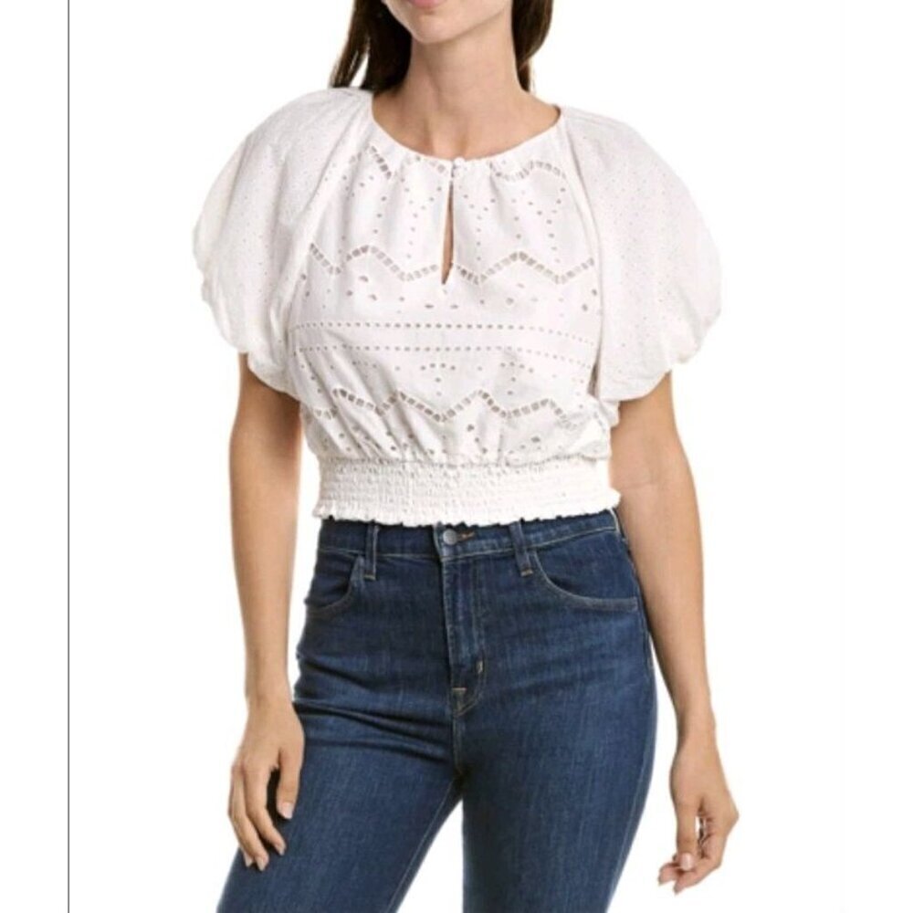 Diane Von Furstenberg Lucy Top Women's White Cropped XL 100% Cotton Puff Sleeve